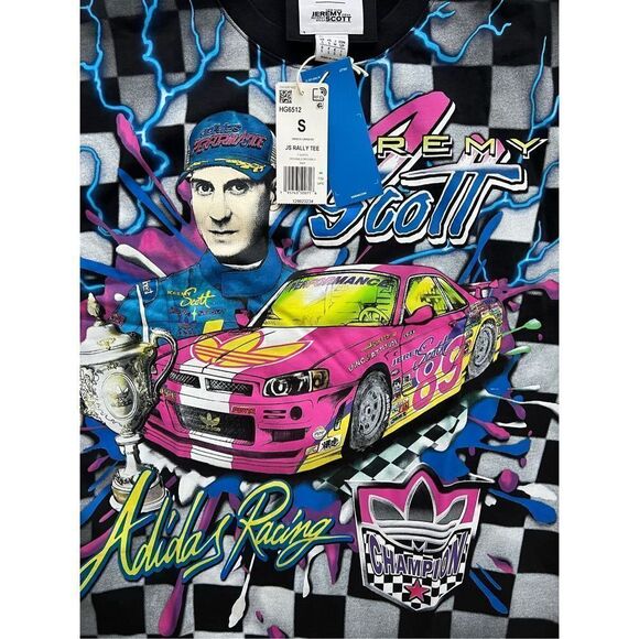 Adidas Jeremy Scott Shirt JS Rally NASCAR Style Print Checker TEE Adult Size Sma - Picture 2 of 2